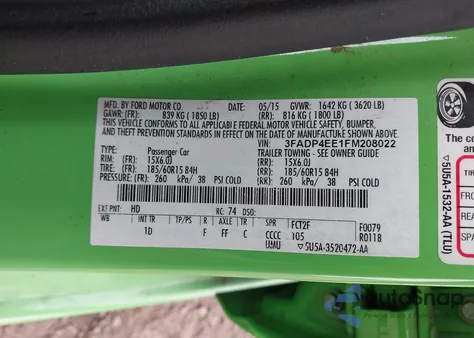 2015 Ford Fiesta Se z USA, uszkodzony, nr VIN 3FADP4EE1FM208022